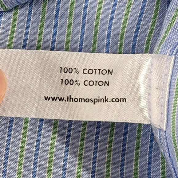 Thomas Pink Shirt Men's 15.5 Blue Green Stripes Button Down Traveller Slim Fit - Picture 6 of 6